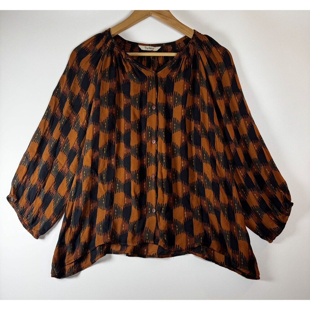 Tucker Silk Blouse Womens Small Brown Black Abstract Ikat Boho Button Front Top